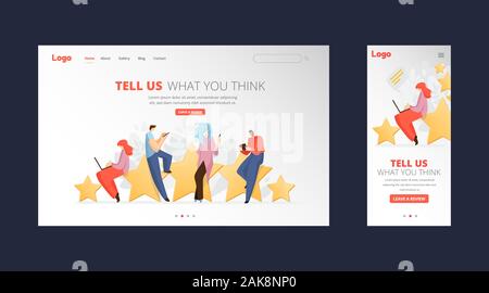 Feedback Umfrage vektor Flachbild landing page Konzept mit Menschen, Mann und Frau sitzen auf großen Bewertung Sterne, schreiben Berichte und Kommentare über Stock Vektor