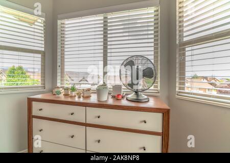 Eingetopfte Kakteen und elektrischer Ventilator auf Holzgehäuse gegen Bay Fenster eines Home Stockfoto