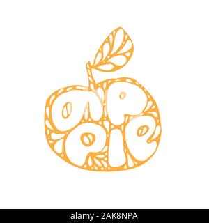 Orange Apple Silhouette. Frisches Obst Typografie Vector Illustration, Handdrawn Schriftzug. Hand gezeichnet Font auf gesunden fruchtig Ernte apple Silhouette Stock Vektor