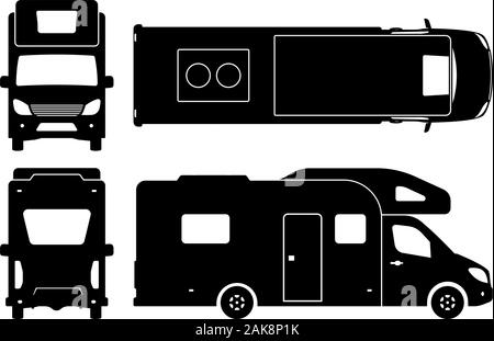 Recreational vehicle Silhouette auf weißem Hintergrund. Wohnmobil Symbole Ansicht von der Seite, vorne, hinten, oben Stock Vektor