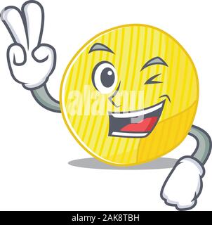 Smiley Maskottchen von Kartoffelchips Zeichentrickfigur mit zwei Fingern Stock Vektor