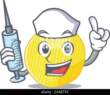 Smiley Krankenschwester Kartoffelchips cartoon Charakter mit einer Spritze Stock Vektor