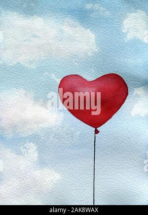 Rotes Herz Ballon auf einem blauen bewölkten Himmel, Aquarell Grafik für Valentines Tag, rote herzförmige Ballons und blauen bewölkten Himmel Stockfoto