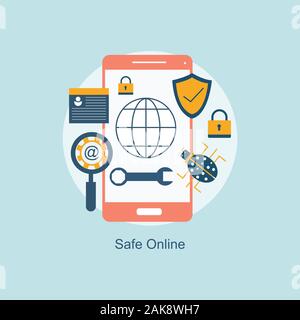 Datenschutz Konzept. Hand, Smartphone, Schild Symbol sperren. Modernes flaches design grafische Elemente, dünne Linie Symbole gesetzt. Vector Illustration Stockfoto