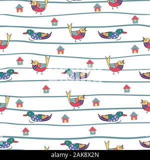 Nahtlose Muster mit Hand gezeichnete Vogel in den weißen Hintergrund. muster textur für Gewebe, Verpackung, Textil, Tapeten, Bekleidung. Stock Vektor