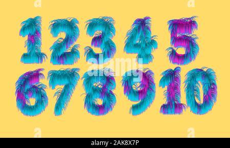 Satz gelber flauschiger Zahlen isoliert auf blauem Hintergrund. Symbolsatz. Zahlen von 1 bis 10 tierische Felltexturen. 3D-Rendering Stockfoto