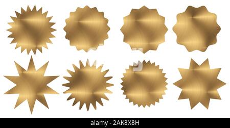 Satz Goldpapiersterne isoliert auf weißem Hintergrund. Satz von Websymbolen. Leere Abzeichen und Etiketten in verschiedenen Formen. 3D-Rendering Stockfoto
