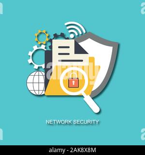 Vektoren Netzwerksicherheit Landing Page. Datenschutz Banner mit flachen Menschen Zeichen und digitale Daten Sichere Website Vorlage Stockfoto