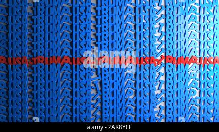 Name der Präsident Trump und USA-Schriftzug in Blau und Rot wie eine Fahne. 3D-Darstellung. Stockfoto