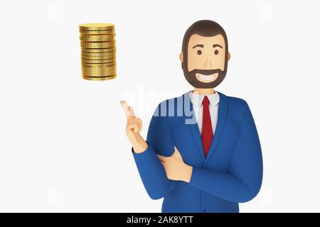 Zeichentrickfigur, Geschäftsmann im Anzug mit Zeigefinger an einem gold Geld Münze. Business Konzept Geld Symbol. 3D-Rendering Stockfoto