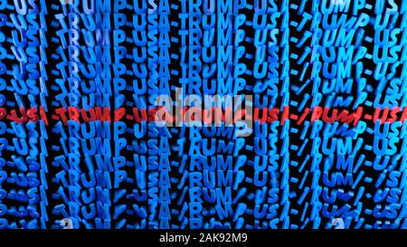 Name der Präsident Trump und USA-Schriftzug in Blau und Rot wie eine Fahne. Buchstaben sind teilweise und Bewegungsunschärfe. 3D-Darstellung. Stockfoto