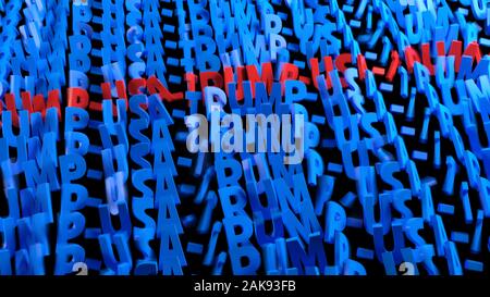 Name der Präsident Trump und USA-Schriftzug in Blau und Rot wie eine Fahne. Buchstaben sind teilweise und Bewegungsunschärfe. 3D-Darstellung. Stockfoto