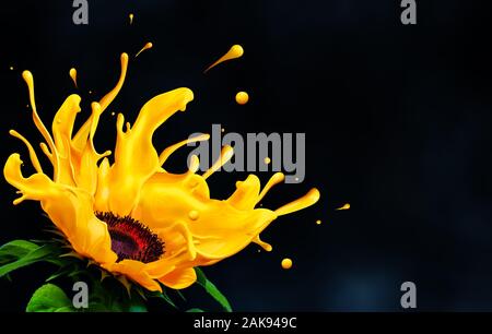 Sonnenblume schmelzen flüssig Farbe spritzen mit kopieren. Stockfoto