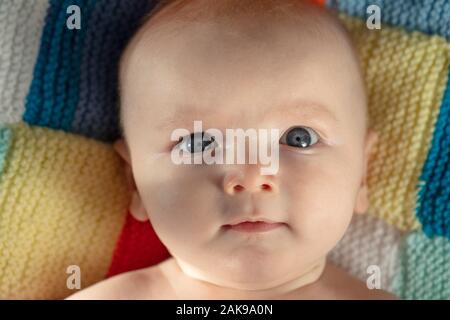 Porträt einer niedlichen Baby mit blauen Augen zur Festlegung auf einen gestrickten balnket Stockfoto