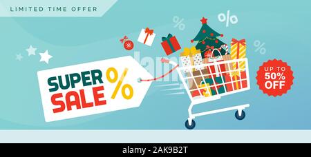 Weihnachten Werbemittel verkauf Banner: Warenkorb mit Dekorationen, Geschenke und der Weihnachtsbaum gefüllt Stock Vektor