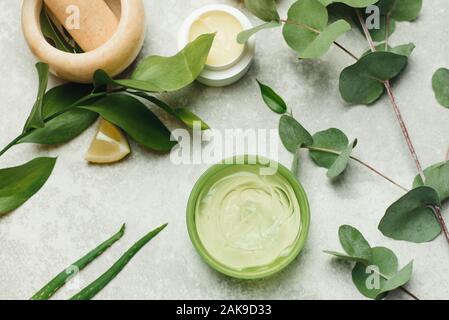 Eine Dose Aloe Gel neben einem Aloe Zweig und Eukalyptus Blätter. Das Konzept der Hautpflege, Liebe für Ihren Körper, natürlichen Zutaten. Hintergrund mit nat Stockfoto