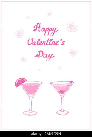 Post card Cocktails mit Herzen und Phrase Happy Valentine's Day. Einfache Skizze vector Abbildung kann in Postkarten, Grußkarten, Banner, Drucke, Feiern u.s.w. EPS 10. Stock Vektor