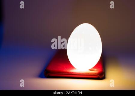 Hühnerei Hintergrundbeleuchtung von unten mit einem Telefon Taschenlampe. Das Eigelb, Eiweiß und Shell Struktur sichtbar sind. Makrofotos. Stockfoto