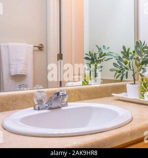 Platz Waschbecken der Badezimmer mit Nähe zu sehen, der Handtücher und Pflanzen neben dem Waschbecken Stockfoto