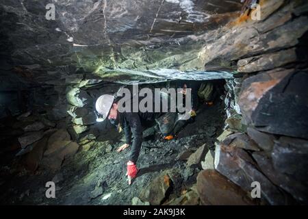 28 November 2019, Sachsen-Anhalt, Sangerhausen: Teilnehmer einer Exkursion durch die wettelrode Leitung-stiel bewegen Sie sich durch die alte Mine auf den Knien. Seit etwa 20 Jahren das Museum 'ErlebnisZentrum Bergbau Röhrigschacht Wettelrode' bietet hat längere Ausflüge im Untergrund in einer Tiefe von etwa 300 m. Vor kurzem wurde eine neue Tour gestartet wurde, in denen ein Teil der Strecke durch die Kanus abgedeckt ist. Die ersten Bergleute graben begann für Kupfererz in der Mansfelder Land etwa vor 800 Jahren. Ab dem Jahr 1750 ff., intensive Bergbau wurde durchgeführt. Insgesamt wurden rund 2,6 Mio. Tonnen c Stockfoto