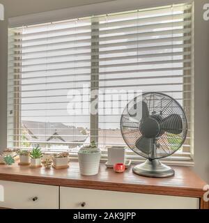 Quadratischen Rahmen eingetopfte Kakteen und elektrischer Ventilator auf Holzgehäuse gegen Bay Fenster eines Home Stockfoto