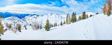 Panorama der Feuerkogel Hochplateau mit sanften verschneite Pisten, Täler, Fichten und gepflegte mit Cord Muster, Ebensee, Salzkammergut, Stockfoto