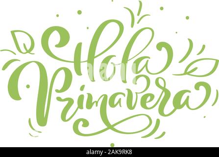Handgezeichneten Schriftzug Hola Primavera in Spanisch. Hallo Frühling Vector Illustration. Frühling grüne Blätter und Gras Grußkarte mit Kalligraphie Stock Vektor