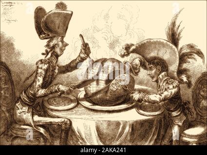 Die Plumb-delors-Pudding in Gefahr, James Gillray, 1805, Pitt und Napoleon die Aufteilung der Welt zwischen ihnen Stockfoto