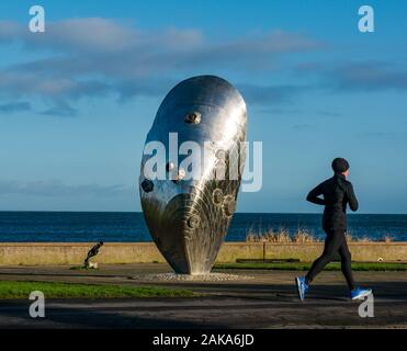 Musselburgh, East Lothian, Schottland, Vereinigtes Königreich, 8. Januar 2019. UK Wetter: einer kalten sonnigen Tag im Winter. Eine Frau joggt Vergangenheit die Muschel, eine 12 Fuß riesige Muschel Muschel die Muschel von Bildhauer Michael Johnson an der Promenade von Murdoch Grün genannt Stockfoto