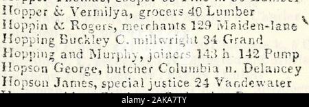 Longworth American's Almanac, New York registrieren und Stadt Verzeichnis. thamHopkins Marvin, 31 enghueVr Lispenard C. ChurchHopkins S. Carpenter 41 Hopkins Sp-n" r B. boitrriin. Haus 153 ManHookins k Haw]" v. ntp.fi ige 3 Damit wir; Greenw: Hopper Abraham, Lebensmittelhändler Wasser C. Montgomery XEW - YORK VERZEICHNIS. 253;! : Pet Andrew Mason 38 Anthony Hopper Charles, Metzgerei $ Franklin m. h. Mou n. Prince 11.- ; -.; vi Cornelius H. Cartman 546 Broome&lt; [., e * Edward, Cartman 9 Dominirk 1.? -: Garrlt I. Lehrer 50 Feder h "Vandarn n. Varick Hopper Garrit G. Cartman 233 Hudson Flapper Henry, cartman Sullivan n. Pr Stockfoto