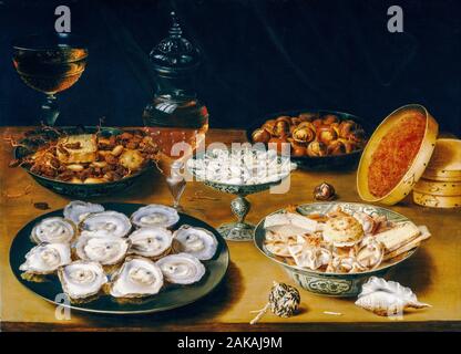 Osias Beert, Gerichte mit Austern, Obst und Wein, still life Malerei, 1620-1625 Stockfoto