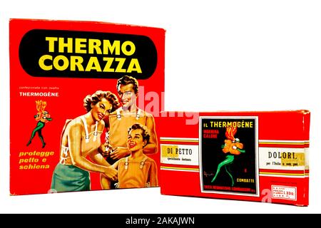 Vintage Thermo Rüstung THERMOGENE Fütterungsarzneimittel weiche Watte mit Capsicum veranschaulicht, indem Leonetto Cappiello der ikonischen Werbung in 1919 Stockfoto