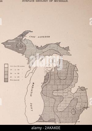 Oberfläche, Geologie und landwirtschaftlichen Bedingungen von Michigan. Abb. 11). Mittlere jährliche Isothermen und vorherrschende Winde für 1915.. Abb. 20. Der jährliche Niederschlag Karte von Michigan für 1916. Stockfoto