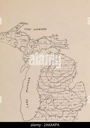 Oberfläche, Geologie und landwirtschaftlichen Bedingungen von Michigan. Abb. 18. Der jährliche Niederschlag Karte von Michigan für 1915. Die KLIMATISCHEN BEDINGUNGEN VON MICHIGAN. 35. Abb. 11). Mittlere jährliche Isothermen und vorherrschende Winde für 1915. Stockfoto