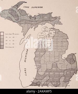 Oberfläche, Geologie und landwirtschaftlichen Bedingungen von Michigan. Oberfläche GEOLOGIE OP MICHIGAN.. Abb. 18. Der jährliche Niederschlag Karte von Michigan für 1915. Die KLIMATISCHEN BEDINGUNGEN VON MICHIGAN. 35 Stockfoto