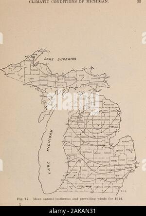 Oberfläche, Geologie und landwirtschaftlichen Bedingungen von Michigan. Abb. Ift. Der jährliche Niederschlag Karte von Michigan für 1014.. Oberfläche GEOLOGIE OP MICHIGAN. Stockfoto