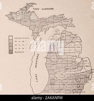 Oberfläche, Geologie und landwirtschaftlichen Bedingungen von Michigan. Abb. 15. Stöhnen jährliche Isothermen und vorherrschende Winde für 1913. 32 OBERFLÄCHE GEOLOGIE OP MICHIGAN.. Abb. Ift. Der jährliche Niederschlag Karte von Michigan für 1014. Stockfoto