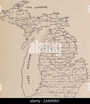 Oberfläche, Geologie und landwirtschaftlichen Bedingungen von Michigan. Abb. 14. Der jährliche Niederschlag Karte von Michigan für 1913. Die KLIMATISCHEN BEDINGUNGEN VON MICHIGAN. 31. Abb. 15. Stöhnen jährliche Isothermen und vorherrschende Winde für 1913. 32 OBERFLÄCHE GEOLOGIE OP MICHIGAN. Stockfoto