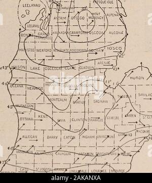 Oberfläche, Geologie und landwirtschaftlichen Bedingungen von Michigan. Abb. 12. Der jährliche Niederschlag Karte von Michigan für 1912. Klimatische Bedingungen OP MICHIGAN. £ ake superior MARptfS^ TE. J | J Si-rfF^% v. J | DEZLTA Schoolcraft! ?^ HARLEVOlW chippewamackInac -. | Miuf) AU | LENMtE?- LjZ-Schwein. 18. Stöhnen jährliche Isothermen und vorherrschende Winde für 1912. Stockfoto