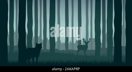 Wolf ist gerade Elk im grünen Wald Tiere natur landschaft Vektor-illustration EPS 10. Stock Vektor