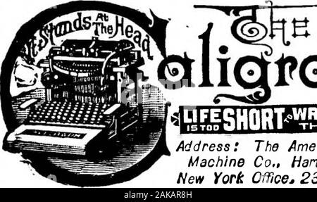 Scientific American Band 65 Nummer 20 (November 1891). Erfindungen praktisch entwickelt, Zeichnungen, Muster, Experimentelle und feine Ma-schinen Arbeiten aller Art. MILLIKBN & DAMOUR, 151-153 Cedar Street, in der Nähe von West Street, New York.. iQfrGLpfy FISHORP™ TEVS Adresse: Die amerikanischen Schreiben Machine Co., Hartford, Conn; New York Office* 237 Broadway, Stockfoto