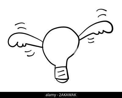 Hand vektor Skizze Abbildung: Flying winged Glühbirne Idee gezeichnet. Weißer Hintergrund, schwarze Konturen. Stock Vektor