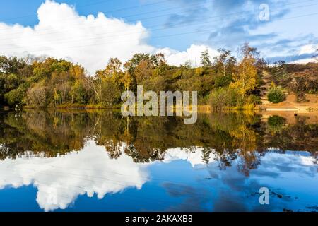 Farbfoto in der Landschaft mit Blick auf den Stillteich mit Baumgrenze im Wasser, aufgenommen auf dem Alder Hills Naturreservat, Poole, Dorset Stockfoto