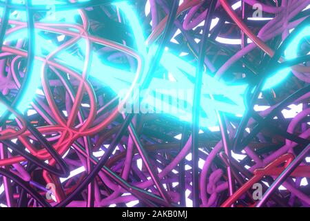 Abstrakte neon wachsen Lichter chaotisch bunten String, für Webseite, Gestaltung, Textur, Hintergrund. 3D-Render. Stockfoto