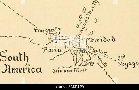 Die Geschichte von Columbus. Rito. SoutljJimerica COLUMBUS SEGEL auf seiner dritten Reise. 189 Amerika. Diese Straße war so schrecklich Colmnbusthat tlie Moutli nannte er es der Schlange. Das im-mense Welle, die er gesehen hatte, war durch thewaters der große Fluss Orinoco fließt in die seaand throngli produziert die Meerenge in den Golf von Paria. Am nächsten Tag den Admiral verursacht der Mündung des theSerpent erklingen, und festgestellt, dass das Wasser weresufficiently tief, obwohl es im Gegensatz Strömungen. Er durch tlie Straße sicher gesegelt, und kam auf der anderen Seite zu Stillwater. Columbus wurde jetzt in thegre Stockfoto