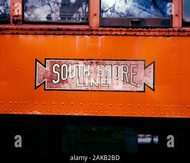 Close-up von verwitterten South Shore Line logo außen an der Bahn Auto Stockfoto