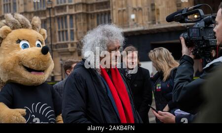 London, Großbritannien 8. Jan. 2020 Dr. Brian May und Tracy Crouch MP (Hedge Honcho) außerhalb der Häuser des Parlaments, London UK bekannt zu machen Projekt Amazing Grace zu helfen Großbritanniens rückläufigen Igel Bevölkerung zu speichern. Amazing Grace, ist eine Zusammenarbeit zwischen der Dr Brian May sparen Sie mir Vertrauen, Harper Marke Asprey Wildlife Rescue und die britische Hedgehog Preservation Society, kämpft gegen den Rückgang der Bevölkerung von Igeln in Großbritannien stellte Dr. Brian May (Mitte) Credit Ian DavidsonAlamy leben Nachrichten Stockfoto