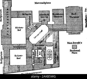 Süddeutschland, einschließlich Württemberg und Bayern: Handbuch für Reisende. Er S.E. Ecke eine Passage führt zu einem größeren Hof, mit Brunnen - Figuren von Neptun, etc., aus denen die Nibelungen Limousinen theKonigsbau eingegeben werden (s. 147). Der Brunnenhof, E. von theKapellenhof, ist mit einer Statue des Otho von Wittelsbachand andere Figuren in Bronze von P.Candid verschönert. Die allerheiligenkirche Baedekers S. Germanv. 8 Rflit 10 146 Route 28. München. Alte Bewohner. (S. 148) grenzt an dieses Gericht auf der E.; s. a Passage führt andie Hof-Theater (s. 148). Die Appartements die von der Ahe Besiden Stockfoto