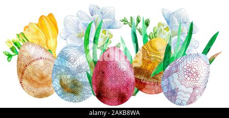 Aquarell Ostern bunte Eier mit Freesie und Gras. Stockfoto
