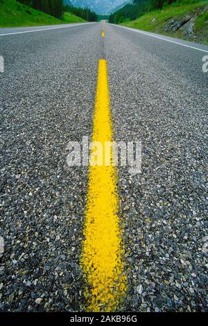 Landschaft mit der Oberfläche der Asphaltstraße mit gelben Linie Stockfoto